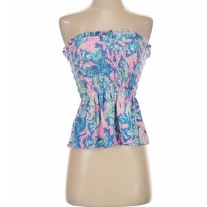 Lilly Pulitzer Strapless Smocked Peplum Crop Top in Blue & Pink Floral
